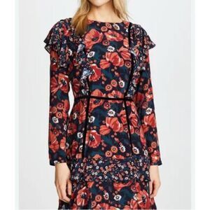 Ella Moon Mini Dress Womens Small Navy Floral Ruffled Velvet Poppy Romantic